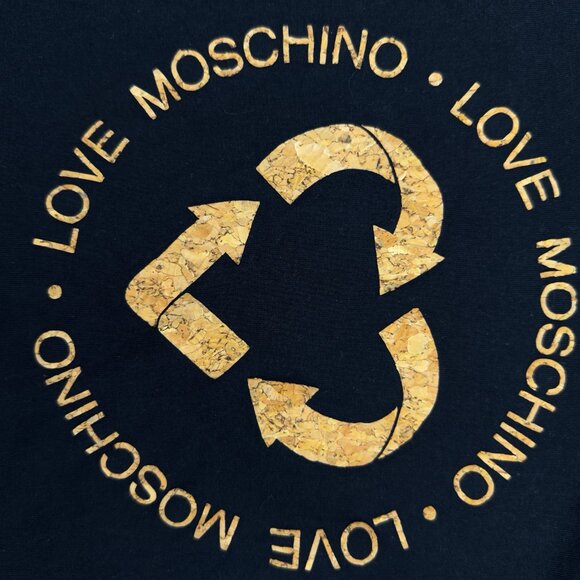 LOVE MOSCHINO Cork Heart-Recycle Logo Black Short Sleeve T-Shirt Sz US 4 - Picture 3 of 5